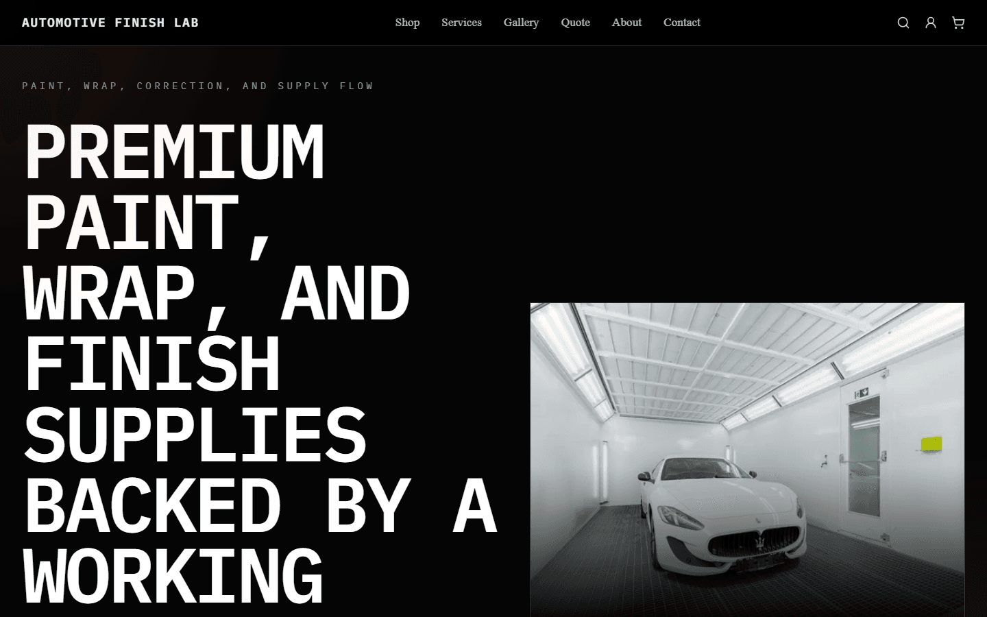 Automotive Finish Lab homepage showing oversized black-and-white storefront type beside a paint booth image.