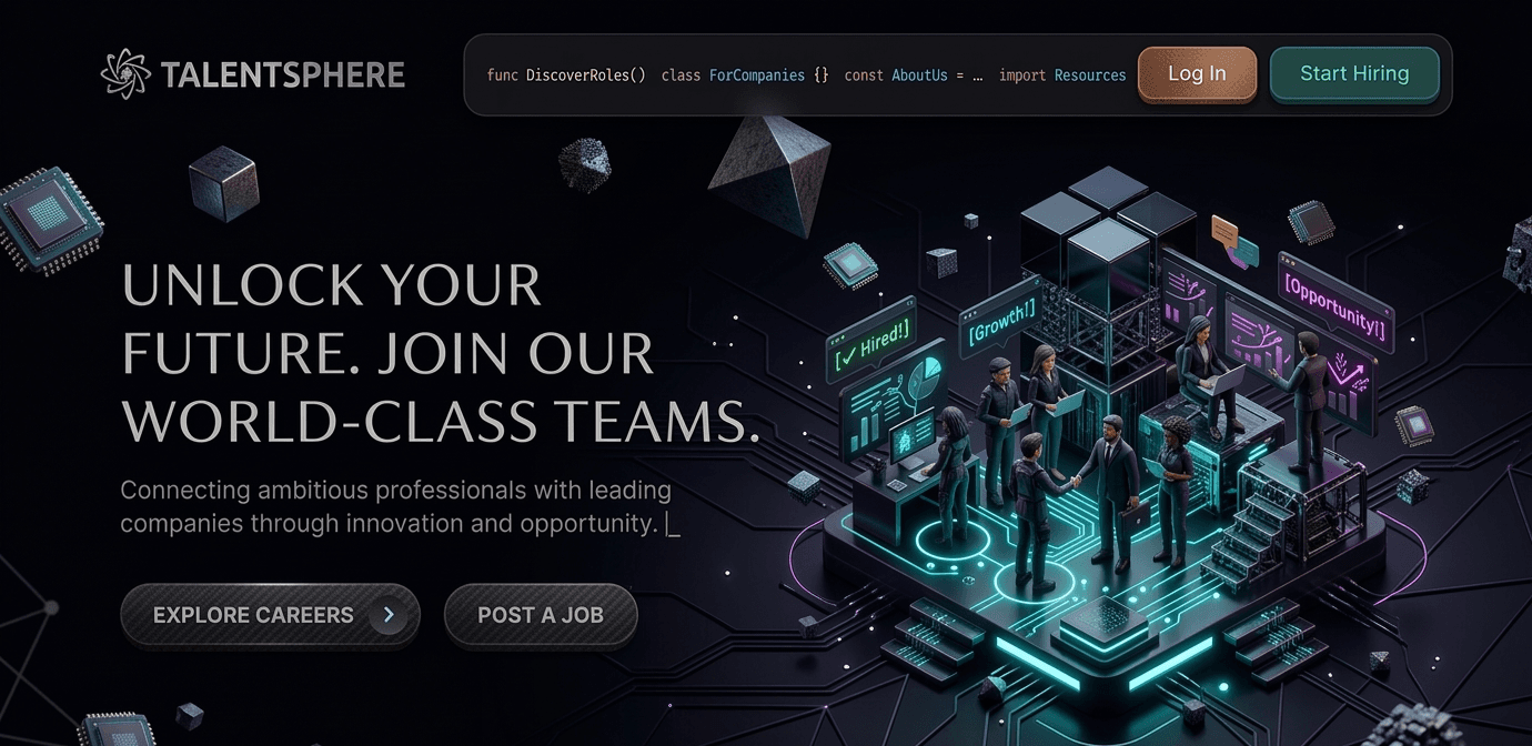 Dark cyber retheme of the same TalentSphere homepage composition.