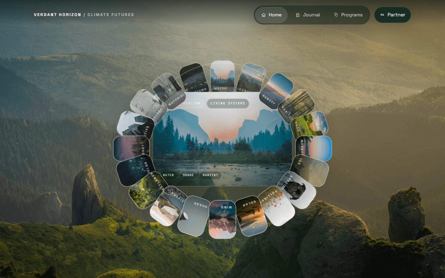 Verdant Horizon homepage showing the circular card orbit around a living systems hero panel.
